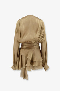 Actualee women’s beige flounced mini dress with metallic gold satin blouse and tiered ruffle skirt details