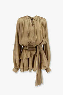 Actualee women’s flounced mini dress beige in flowing metallic gold satin with long sleeves and tiered ruffle hem