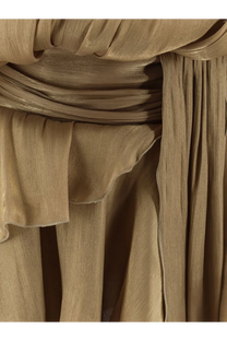 Actualee women’s flounced mini dress beige with metallic gold tone flowing fabric and draped ruffled design