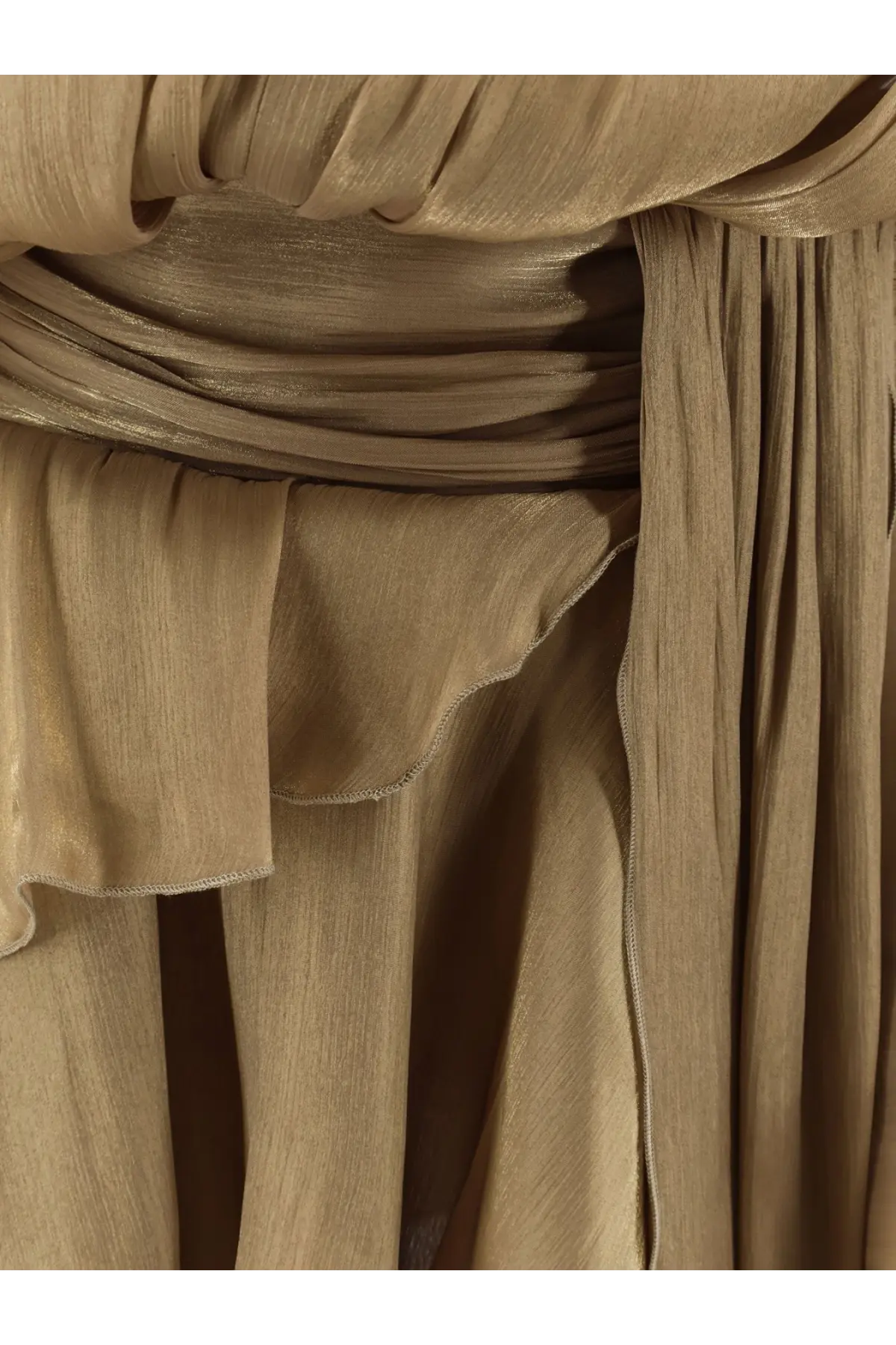 Actualee women’s flounced mini dress in beige metallic gold tone with flowing draped and ruffled design