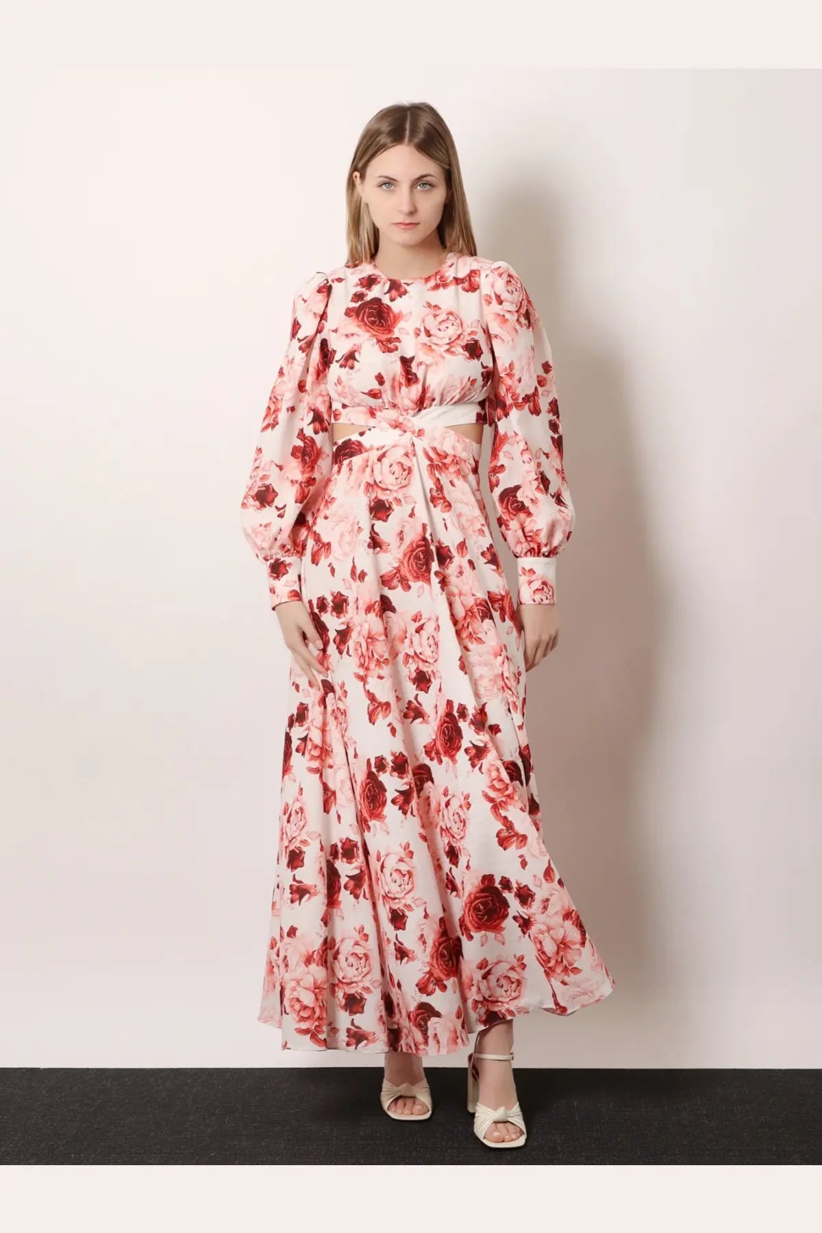 Actualee womens linen and cotton blend long dress in soft pink with deep red rose print and white belt cinched waist