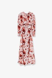 Actualee womens linen and cotton blend long blush pink midi dress with vibrant red rose print and back tie detail shown from back