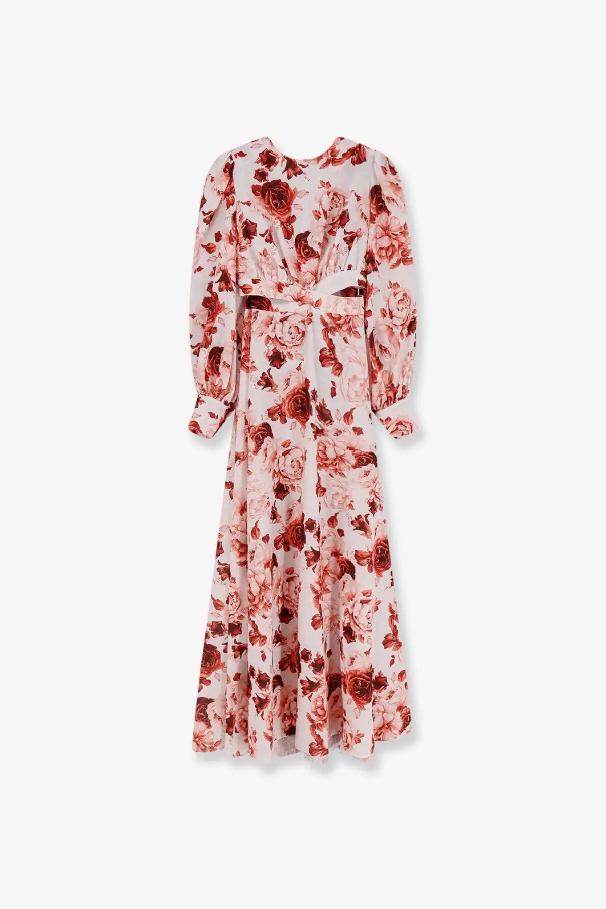 Actualee women’s linen and cotton blend long blush midi dress with long sleeves and intricate rose pattern in red and pink