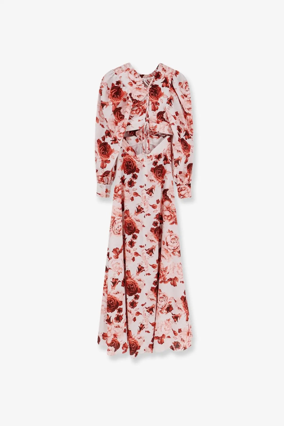 Actualee women’s linen and cotton blend long pink dress with long sleeves vibrant red rose print and back tie detail shown from back