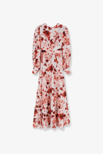 Actualee womens linen and cotton blend long dress in soft blush with intricate deep red and muted pink rose pattern