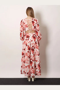 Actualee women’s linen and cotton blend two-piece floral outfit in pink with lace-up back crop top and wide-leg trousers