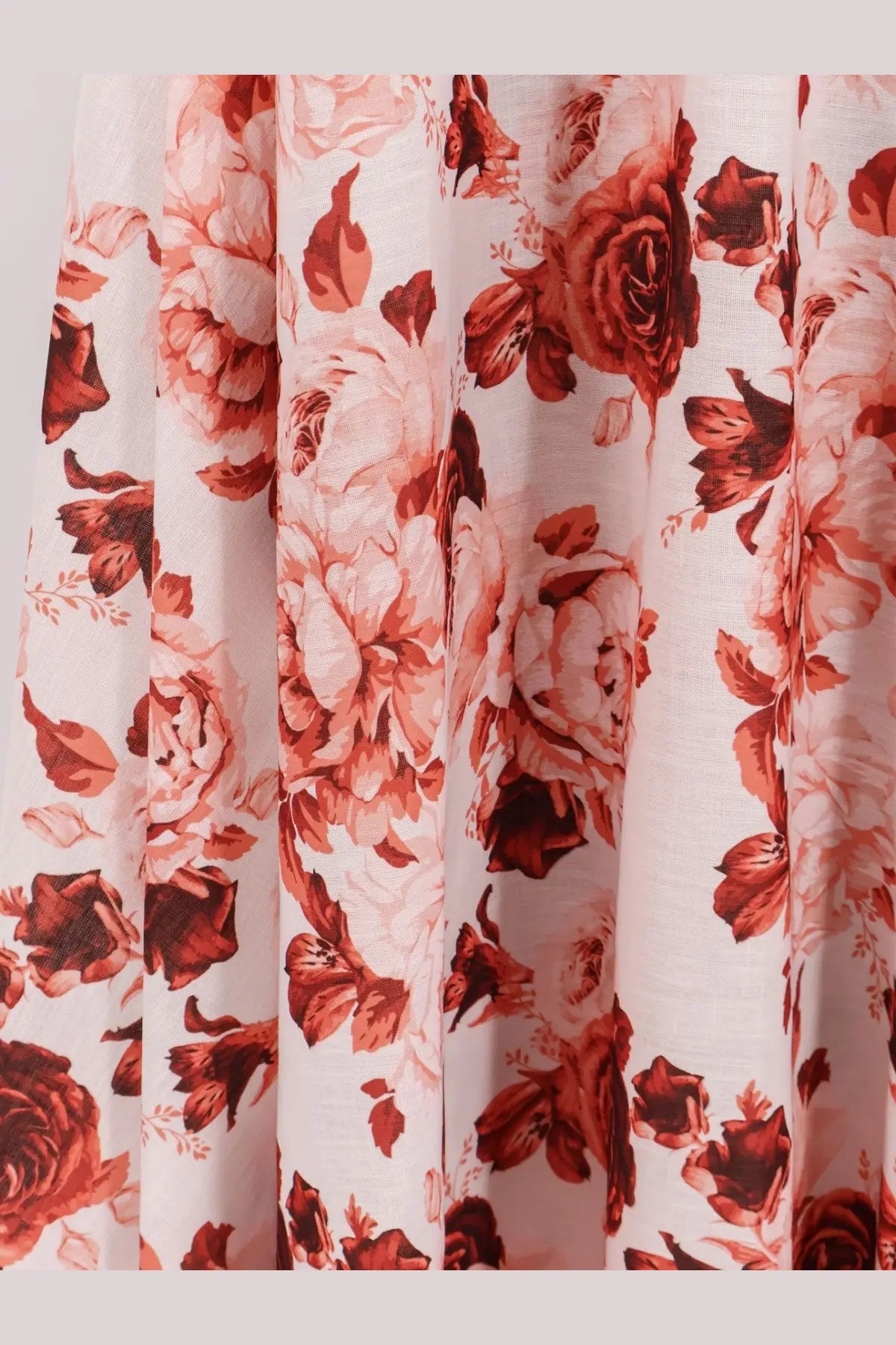 Actualee women’s long white linen and cotton blend dress with vibrant deep red and soft pink rose floral pattern