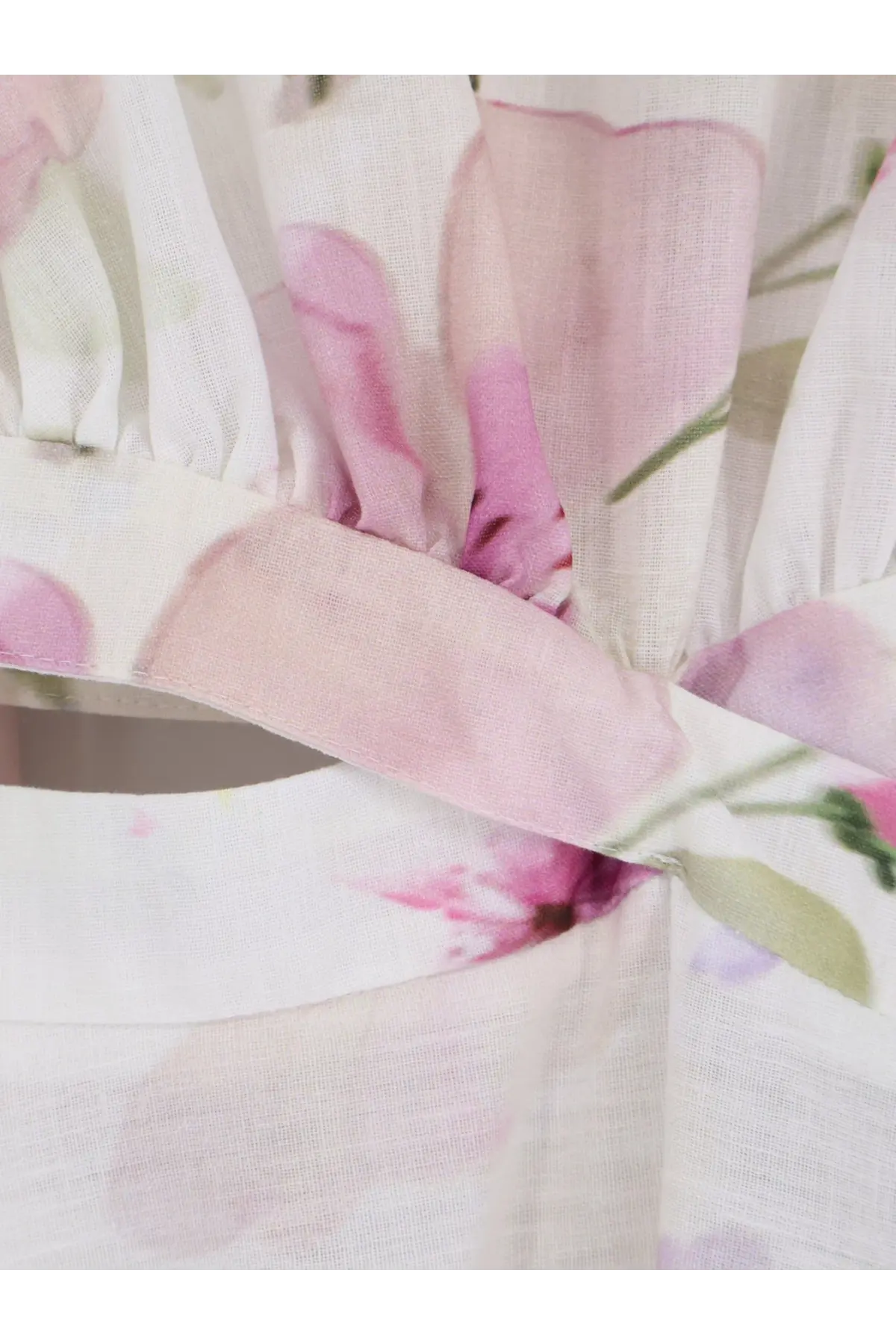 Actualee women’s linen and cotton long dress in white with soft pink floral patterns and ruffled fabric details