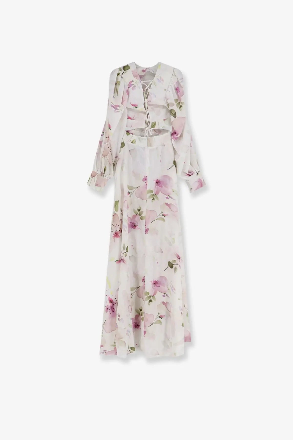 Actualee women’s linen and cotton long dress in flowing ivory fabric with soft pink floral patterns and green accents