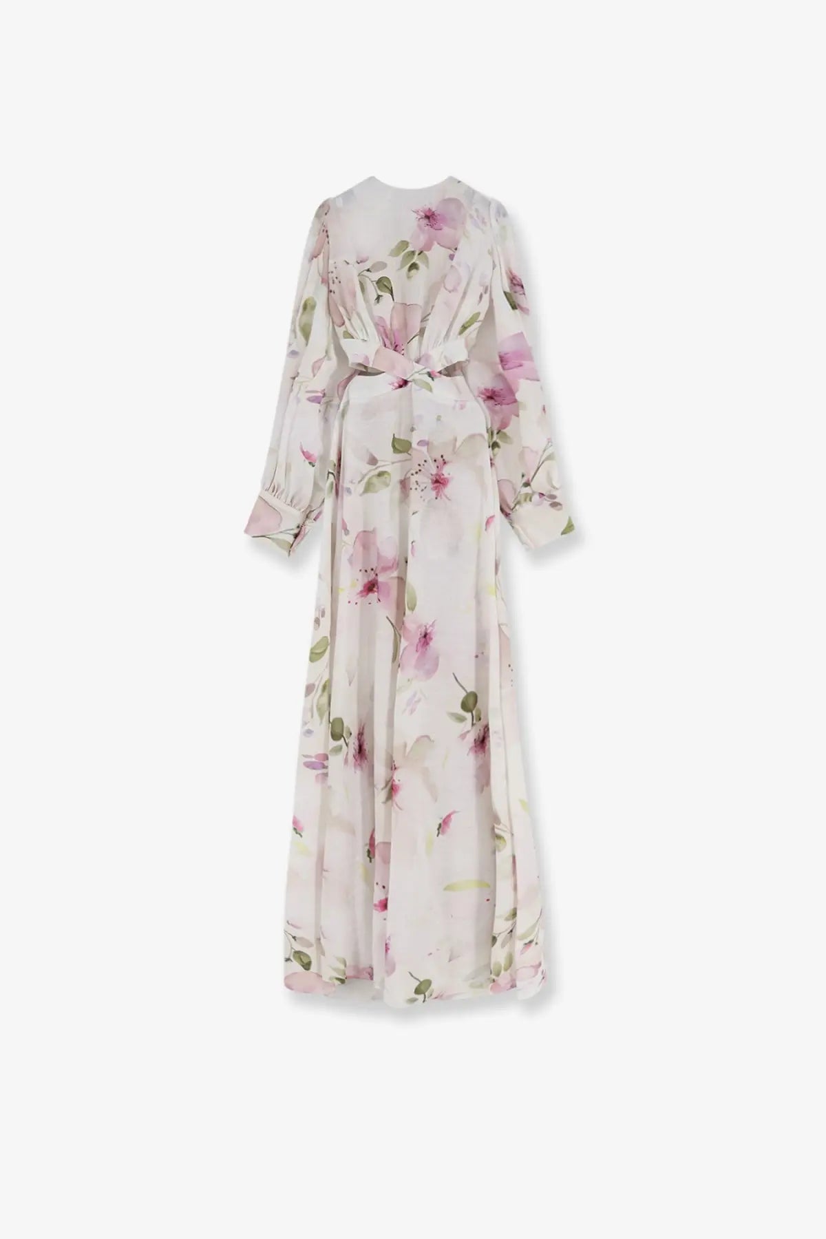 Actualee women’s linen and cotton long dress in soft cream with pink and green floral patterns and long sleeves