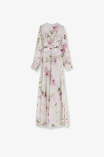 Actualee women’s linen and cotton long dress in soft cream with pink and green floral patterns and long sleeves