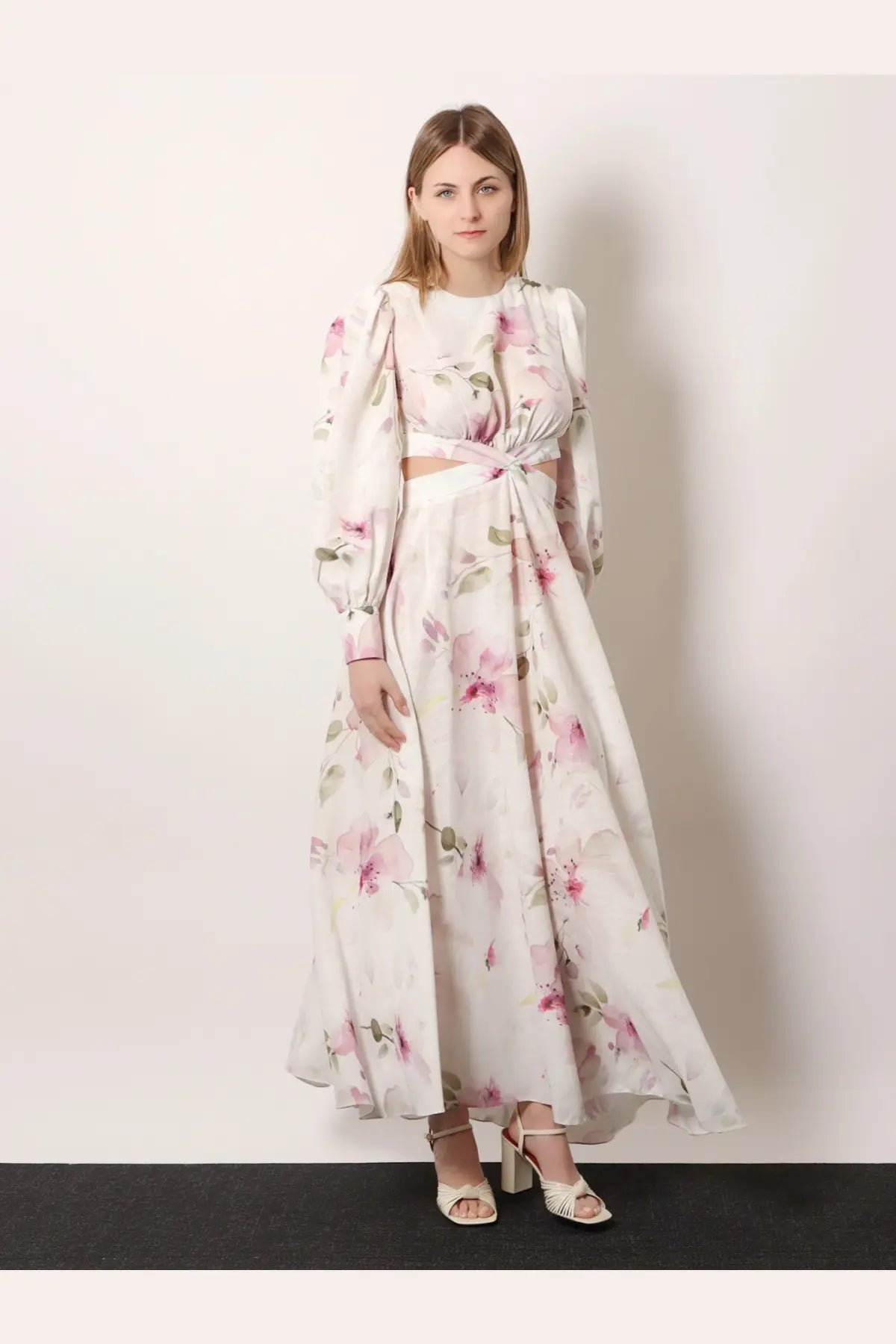 Actualee women’s linen and cotton flowing two-piece floral dress in soft pink and white hues with lightweight fabric