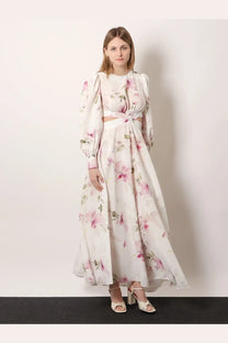 Actualee women’s linen and cotton flowing two-piece floral dress in soft pink and white hues with lightweight fabric