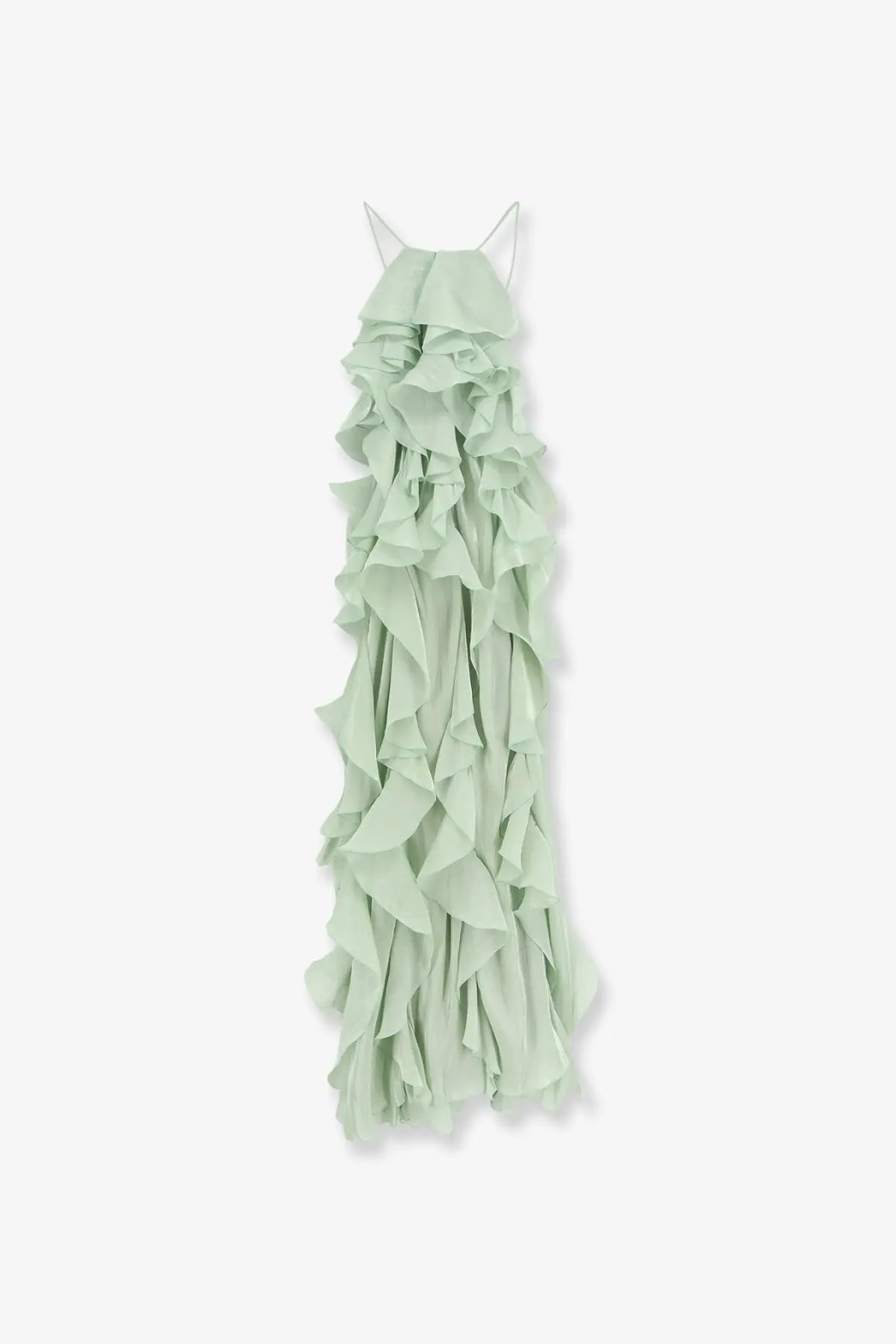 Actualee women’s long dress aloe in delicate mint green with thin spaghetti straps and ruffled maxi design