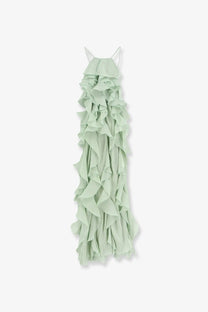 Actualee women’s long dress aloe in delicate mint green with thin spaghetti straps and ruffled maxi design