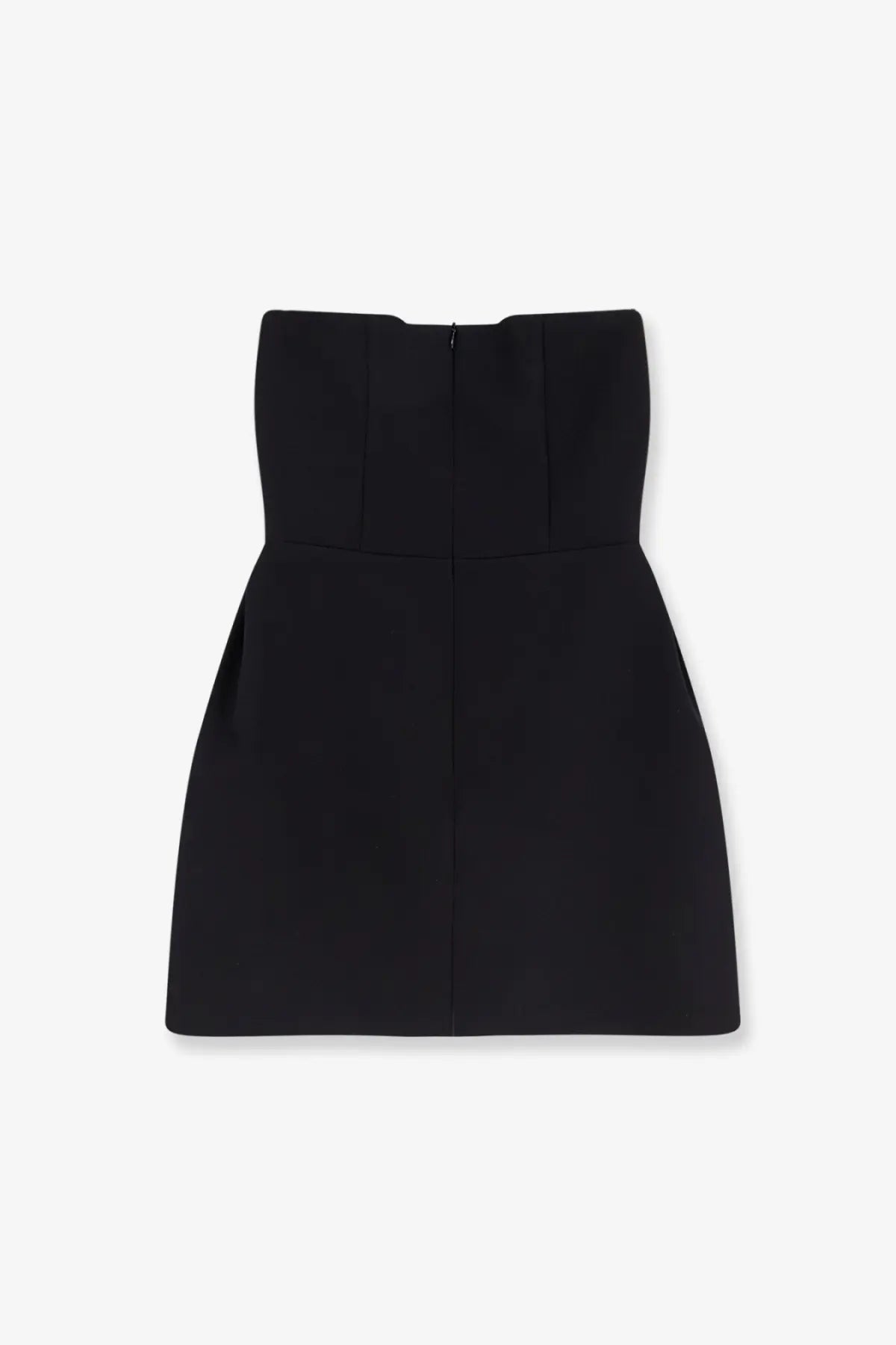 Actualee women’s black strapless mini dress with structured bodice and subtle pleats shown from the back