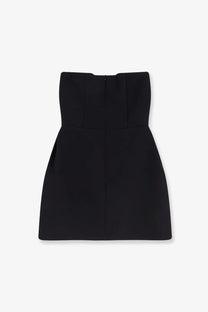 Actualee women’s black strapless mini dress with structured bodice and subtle pleats shown from the back