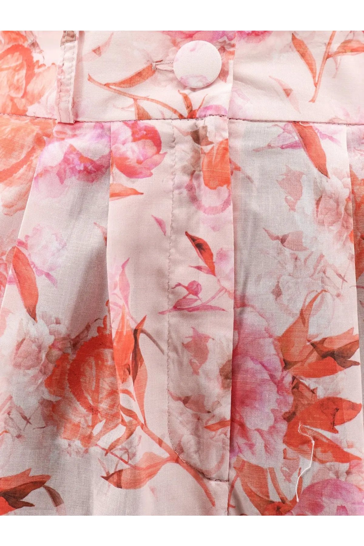 Actualee women’s printed cotton shorts with delicate pink and coral floral print pleats and matching button closure