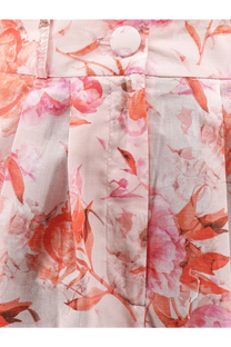 Actualee women’s printed cotton shorts with delicate pink and coral floral print pleats and matching button closure