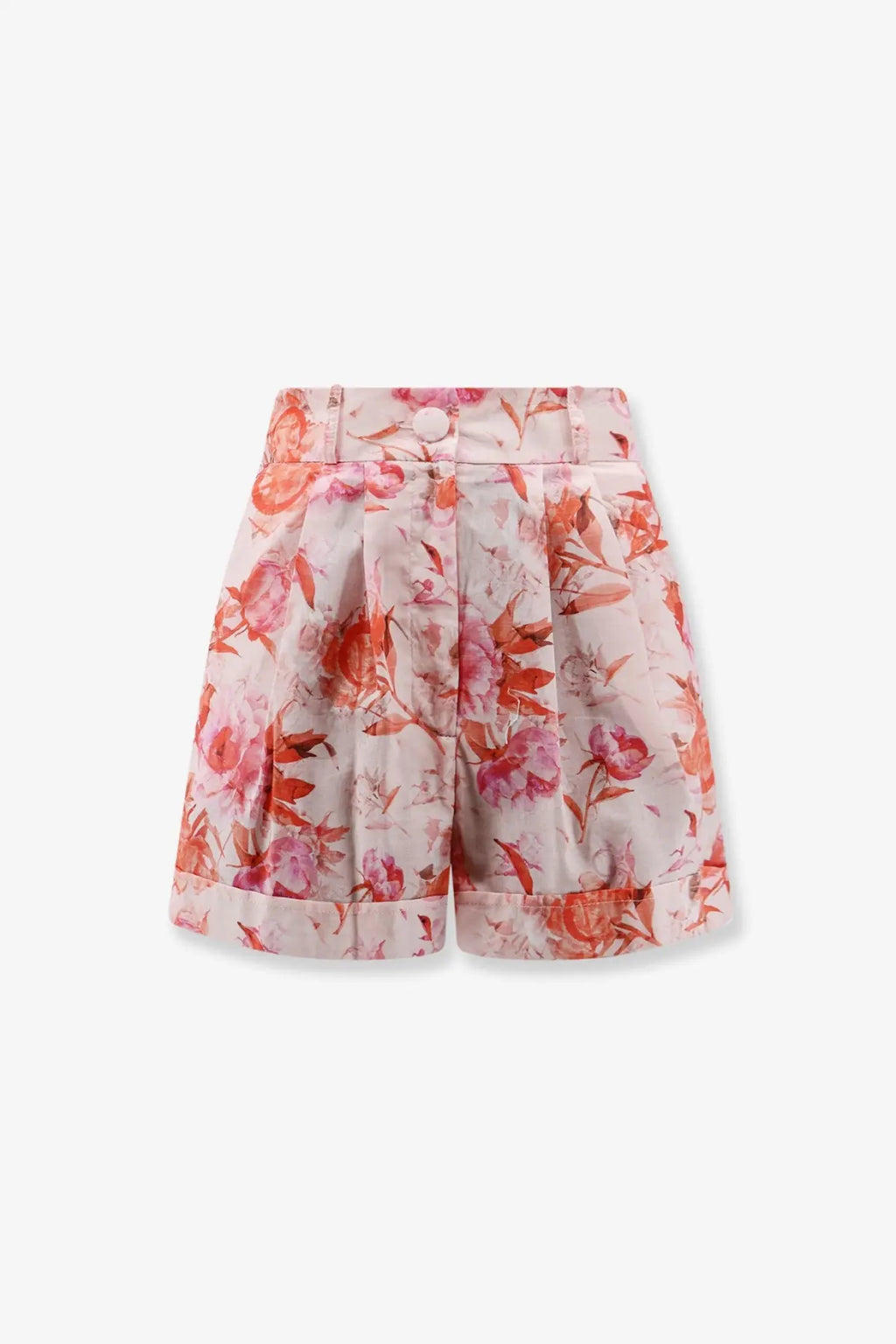 Actualee women’s printed cotton shorts in soft pink and coral floral print with high waist pleats and rolled cuffs