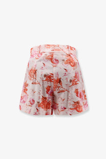 Actualee women’s printed cotton shorts in soft pink coral floral with high-waisted tailored waistband and stitching details