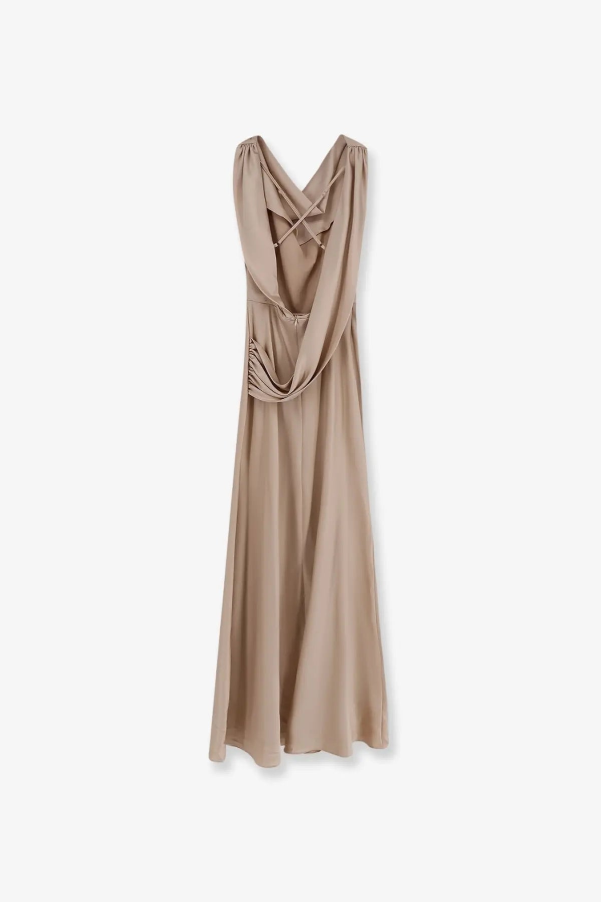 Actualee women’s satin long dress beige flowing gown with draped cross back and subtle ruching at the waist back view