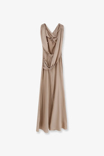 Actualee women’s satin long dress beige showing back with flowing fabric draped cross-back and ruching at waist
