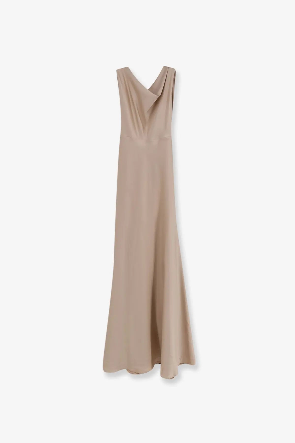Actualee women’s satin long dress beige featuring a flowing sleeveless design with a draped v-neckline and smooth fabric