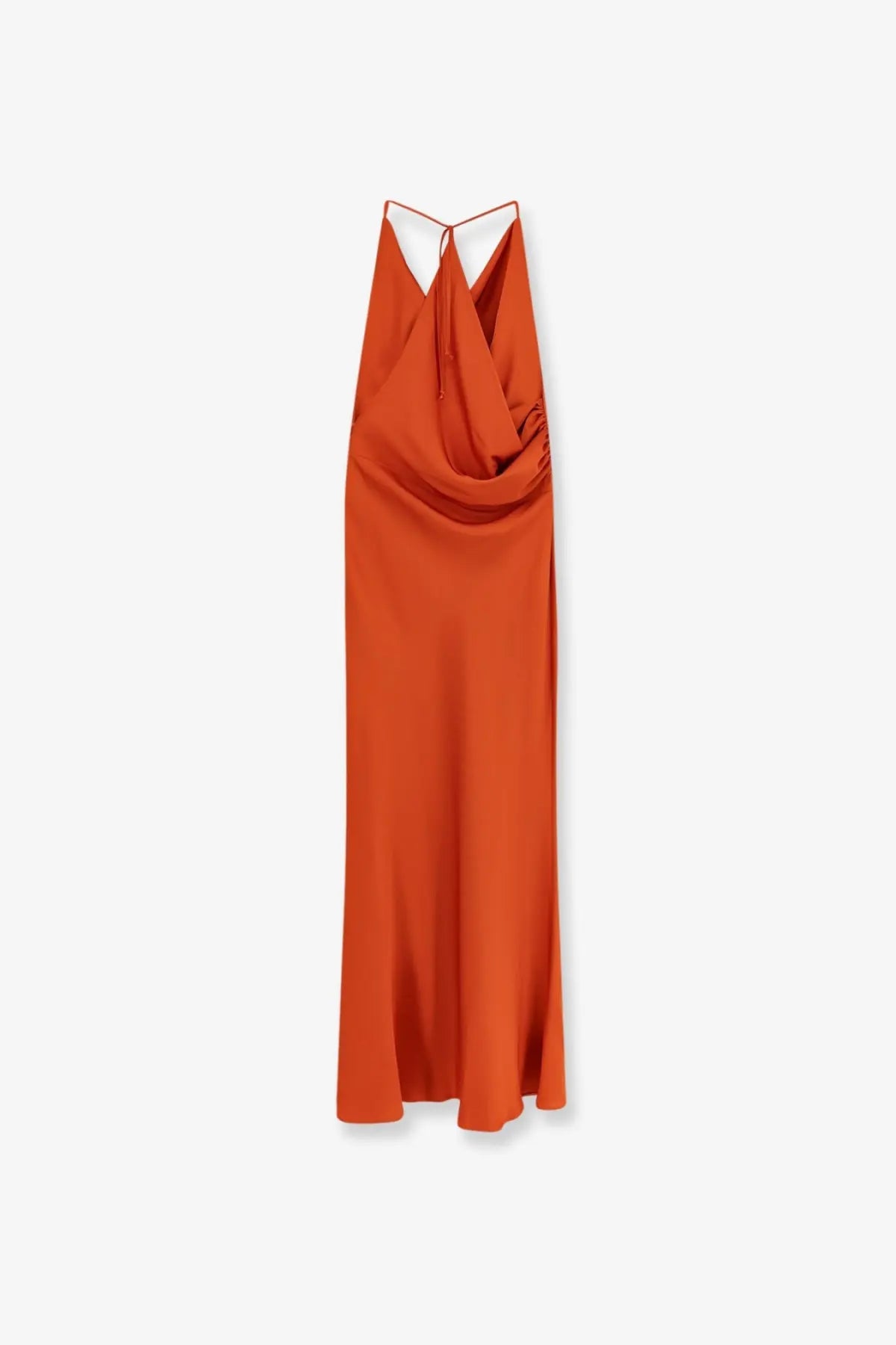 Actualee women’s satin long dress orange with rust-orange color, draped cowl neckline, and thin spaghetti straps