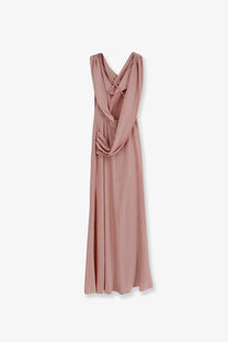 Actualee women’s satin long dress in pink features a flowing dusty rose silk gown with a draped crisscross neckline and ruching at the waist