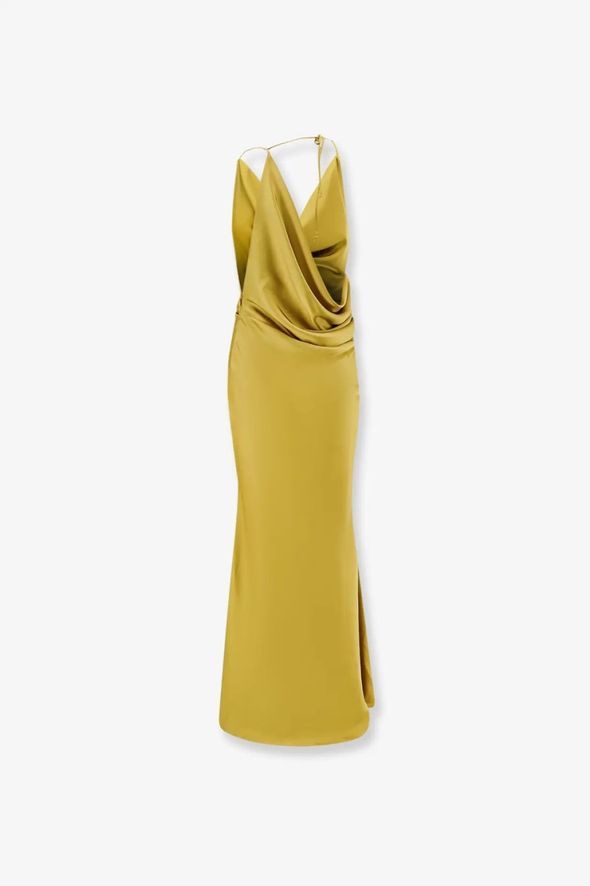 Actualee women’s satin long dress yellow featuring a sleek mustard-yellow satin gown with draped neckline and side slit