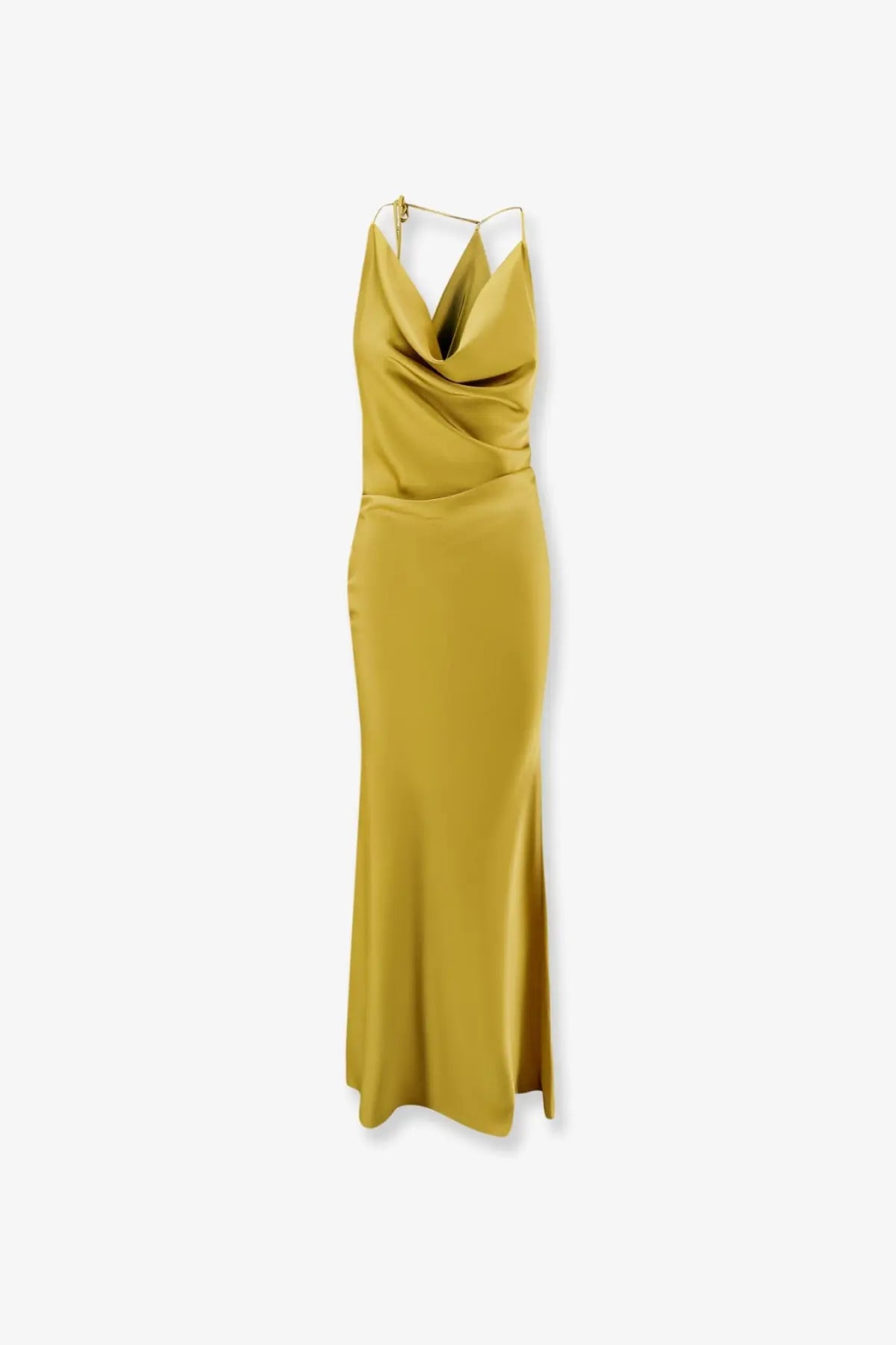 Actualee womens satin long dress in mustard yellow with draped cowl neckline and thin spaghetti straps
