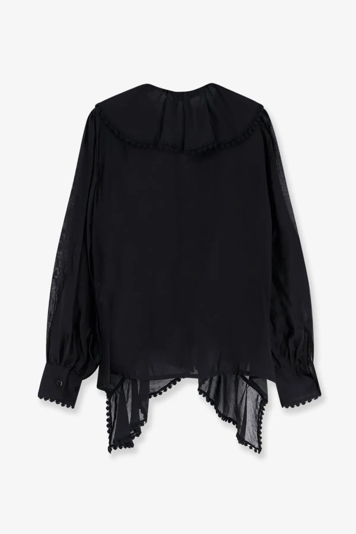 Actualee women’s shirt black sheer blouse with ruffled collar and scalloped hem in black fabric