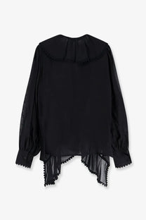 Actualee women’s shirt black sheer blouse with ruffled collar and scalloped hem in black fabric
