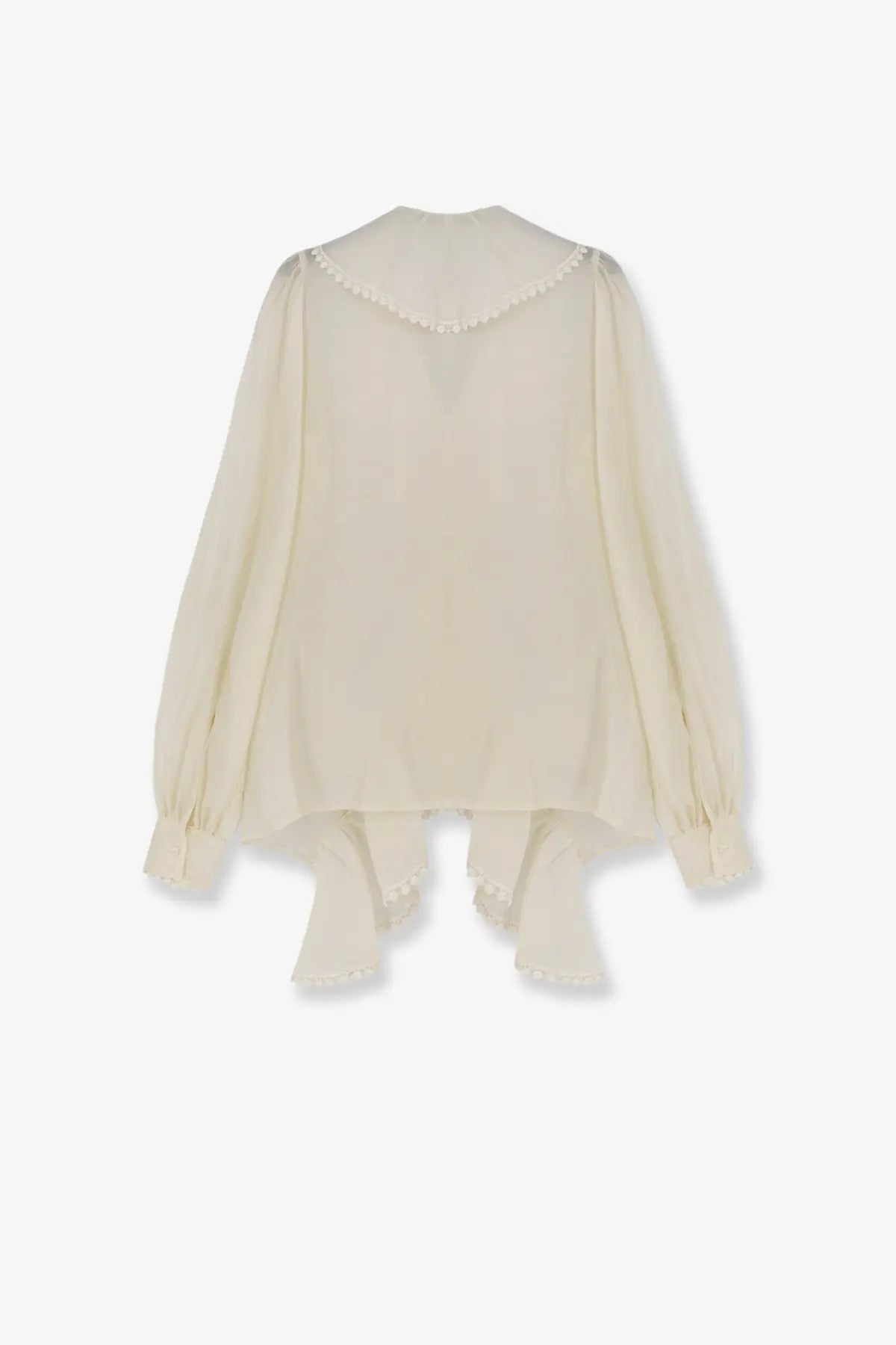 Actualee women’s cream-colored sheer blouse with pearl-trimmed collar and ruffled hem in lightweight fabric