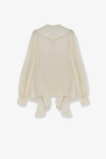 Actualee women’s cream-colored sheer blouse with pearl-trimmed collar and ruffled hem in lightweight fabric