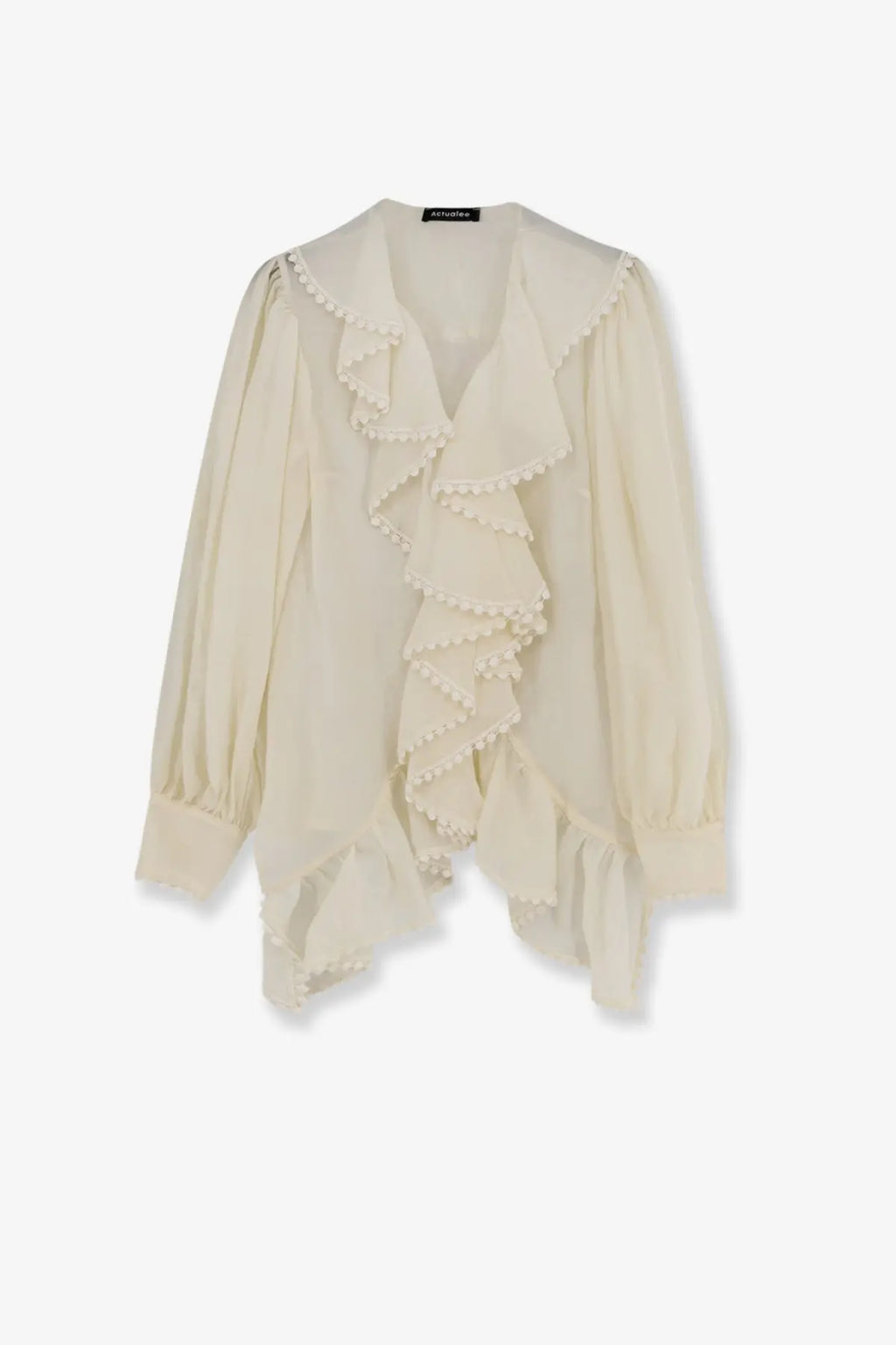 Actualee women’s white blouse featuring delicate ivory layered ruffles and a soft flowing silhouette