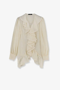 Actualee women’s white blouse featuring delicate ivory layered ruffles and a soft flowing silhouette