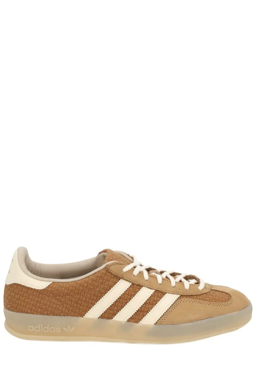 Adidas men’s gazelle indoor sneaker in beige tan suede with white stripes and translucent gum sole