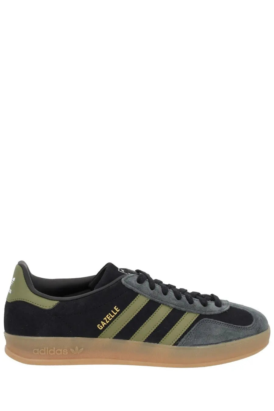 Adidas men’s Gazelle indoor sneaker black with black and olive green suede upper and rubber sole with three stripes