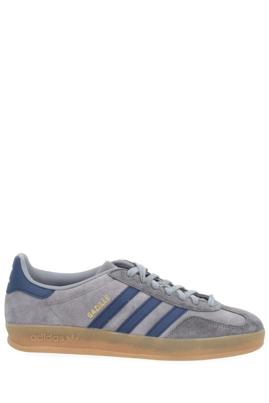 Adidas men’s gazelle indoor sneaker in gray suede with navy blue stripes and gum rubber sole