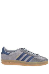 Adidas men’s gazelle indoor sneaker in gray suede with navy blue stripes and gum rubber sole