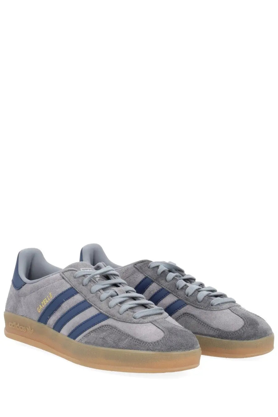Adidas men’s gazelle indoor sneaker grey with gray suede upper navy blue stripes and gum rubber sole
