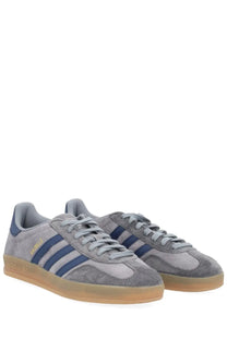 Adidas men’s gazelle indoor sneaker grey with gray suede upper navy blue stripes and gum rubber sole