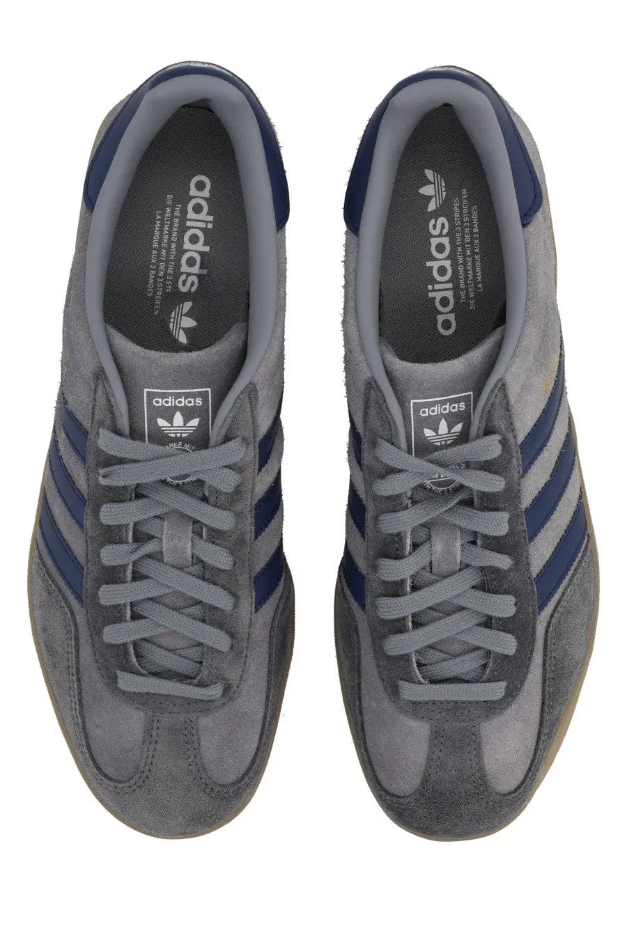 Adidas men’s gazelle indoor sneaker grey in gray suede with navy blue stripes and matching heel accents