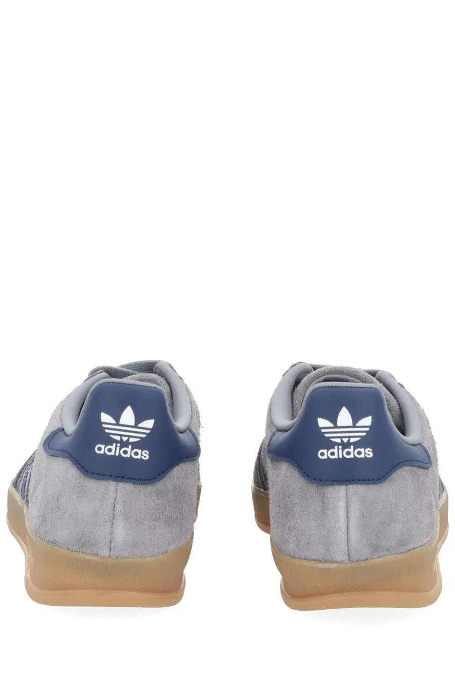 Adidas men’s gazelle indoor sneaker grey with gray suede, navy blue heel tabs, white branding, and tan rubber sole