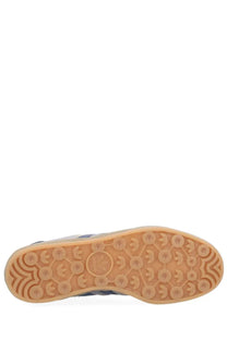 Tan rubber sole with adidas trefoil logo pattern and central emblem on adidas men’s gazelle indoor sneaker grey