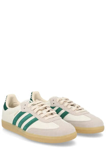 Adidas men’s sneaker samba white in cream suede and canvas with bold green stripes beige laces and gum rubber sole