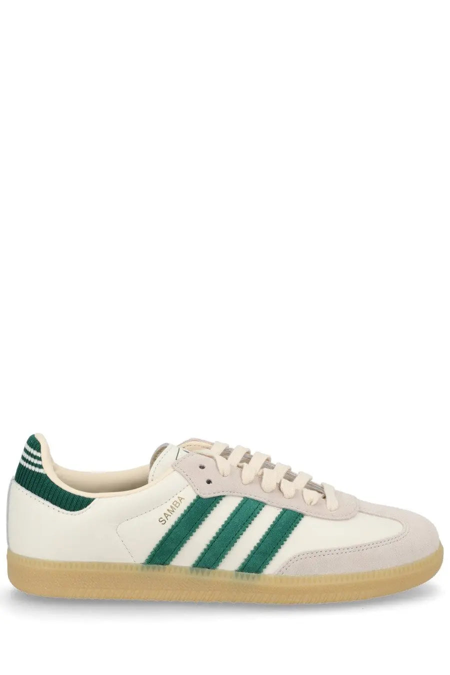 Adidas men’s sneaker samba white with white and green suede and canvas upper and tan rubber sole