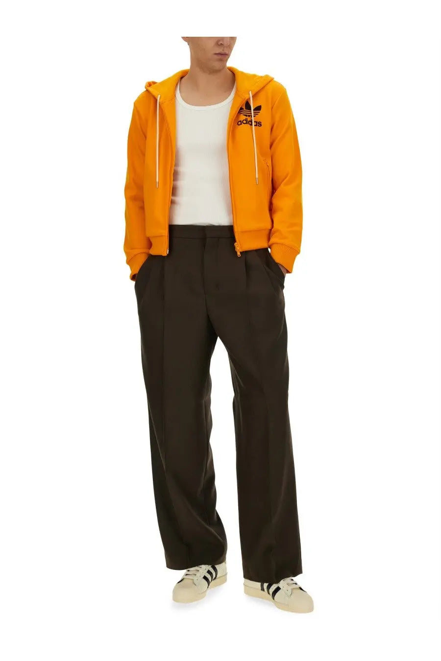 Orange adidas originals by Wales Bonner men’s hooded track sweatshirt with black logo and white drawstrings